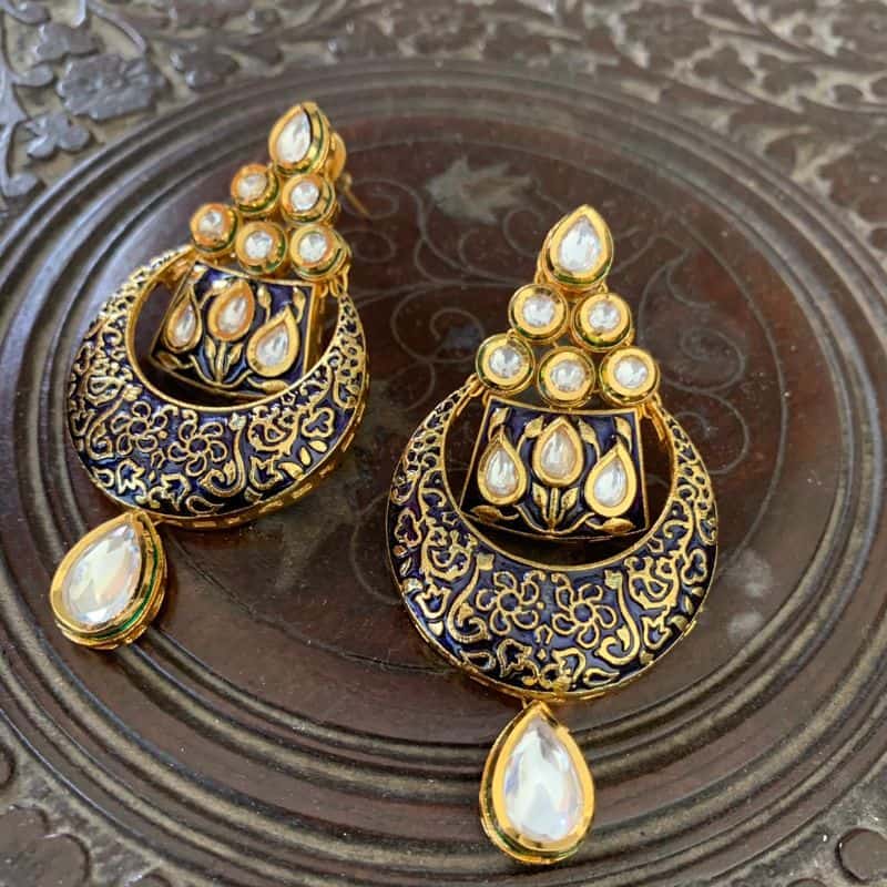 Kundan Meenakari earrings dark blue chandbali design