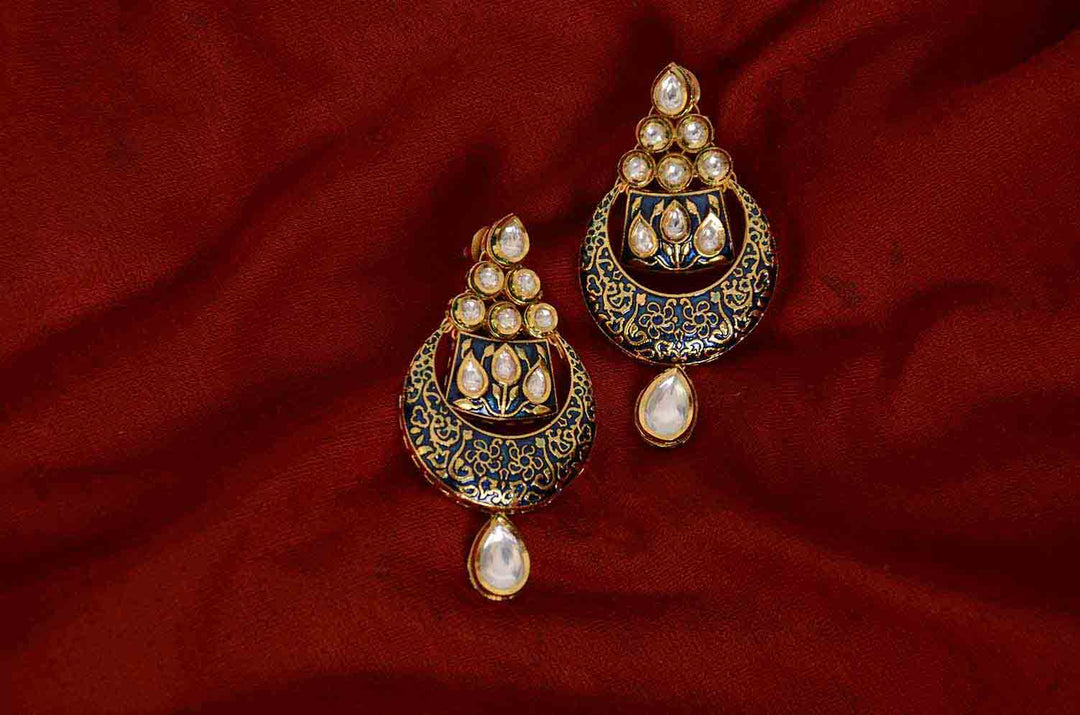 Kundan Meenakari earrings dark blue chandbali design