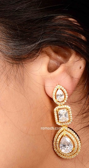 Trendy CZ stone golden tone dangle earrings