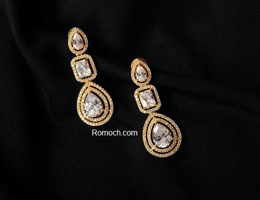 Trendy CZ stone golden tone dangle earrings