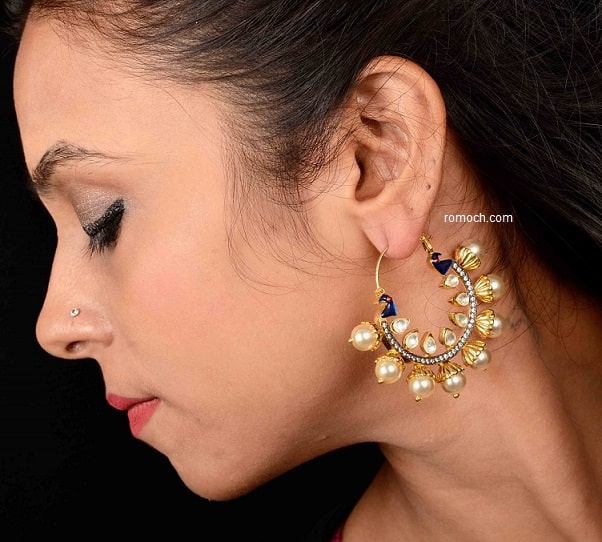 Elegant peacock design Kundan and CZ stone earrings