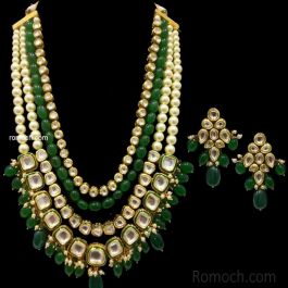 Elegant layered green meenakari Kundan and pearls long necklace set