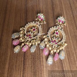 Statement Jadau Kundan chandbali earrings ruby green lotus design