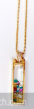 Block shaped golden pendant with multi-color and long chain