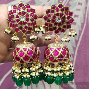 Multi Jadau Kundan Jhumka Earrings Grid Design Lotus  Posh Jewelery